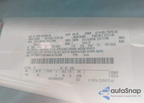 2021 Ford Transit-250 T-250 из США, поврежденный, VIN 1FTBR1Y83MKA76398